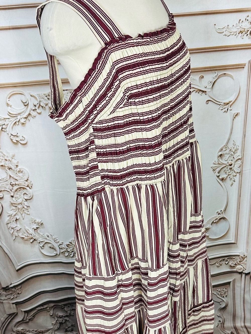 Terra & Sky Striped Smocked Maxi Dress - Cream & Burgundy - Picture 7 of 12
